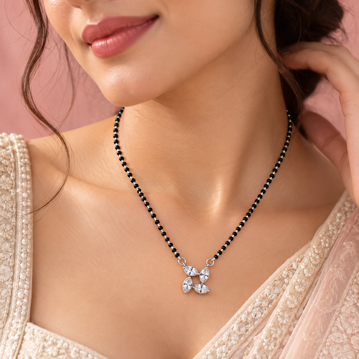 925 Sterling Silver CZ Mangalsutra Necklace Black Beaded Floral Marquise Pendant