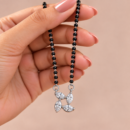 925 Sterling Silver CZ Mangalsutra Necklace Black Beaded Floral Marquise Pendant