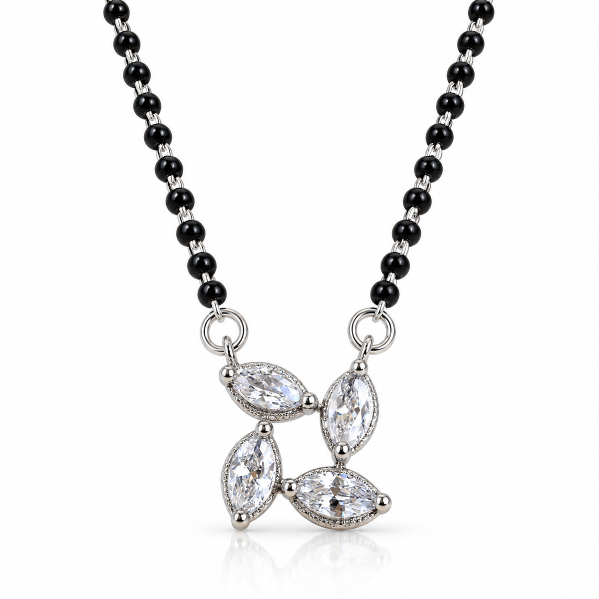 925 Sterling Silver CZ Mangalsutra Necklace Black Beaded Floral Marquise Pendant