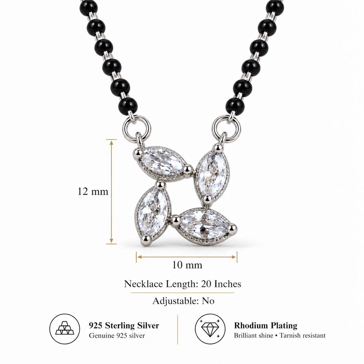 925 Sterling Silver CZ Mangalsutra Necklace Black Beaded Floral Marquise Pendant