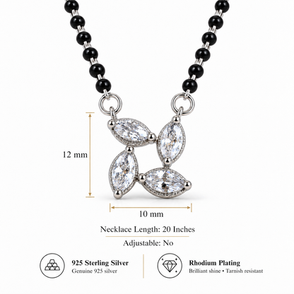 925 Sterling Silver CZ Mangalsutra Necklace Black Beaded Floral Marquise Pendant