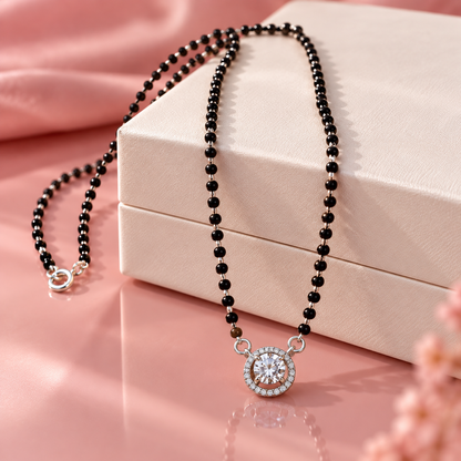 925 Sterling Silver CZ Mangalsutra Necklace Black Beaded Round Halo Pendant