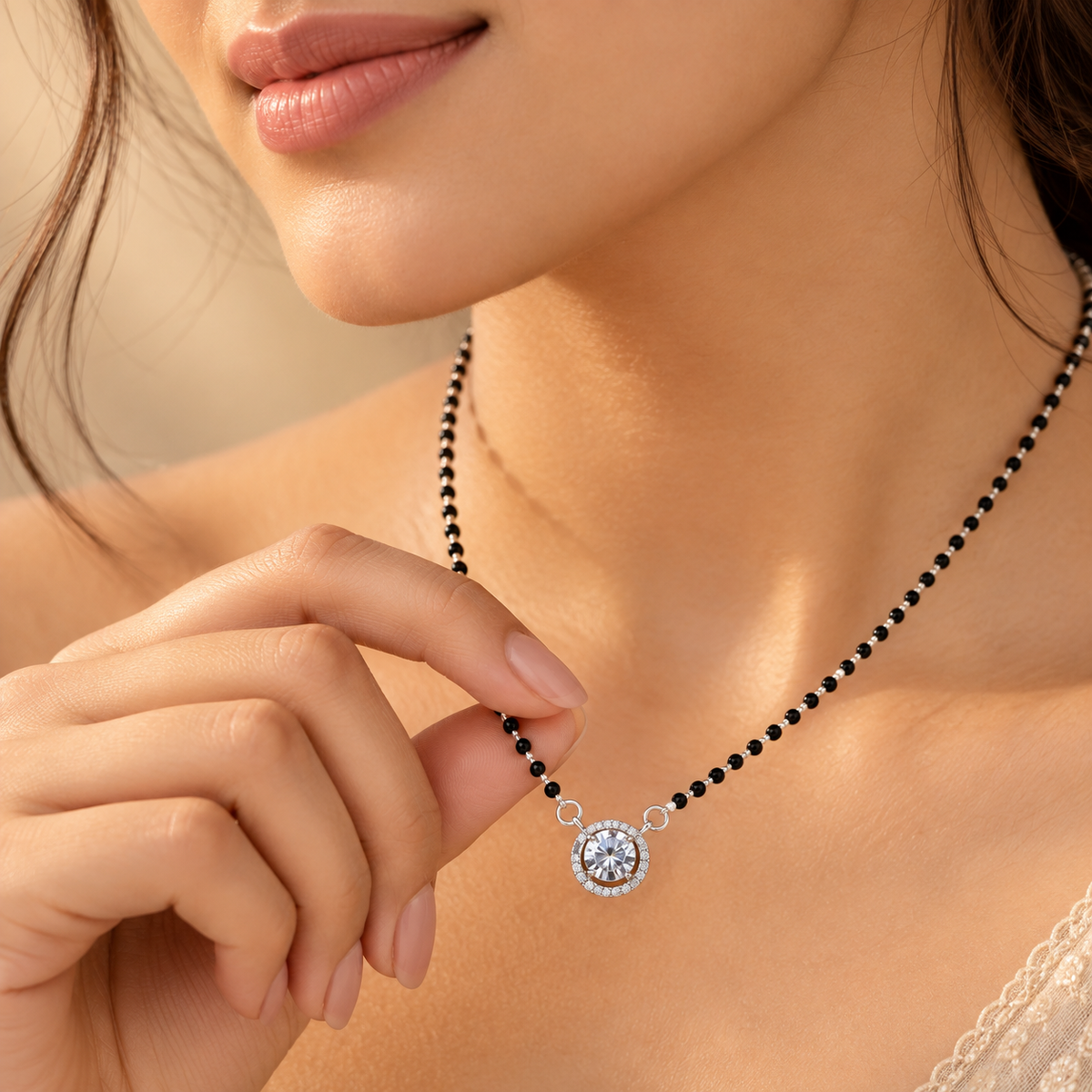 925 Sterling Silver CZ Mangalsutra Necklace Black Beaded Round Halo Pendant