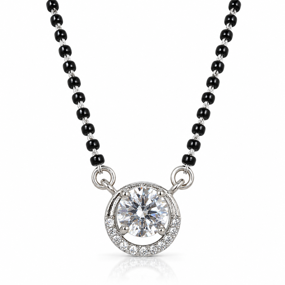 925 Sterling Silver CZ Mangalsutra Necklace Black Beaded Round Halo Pendant