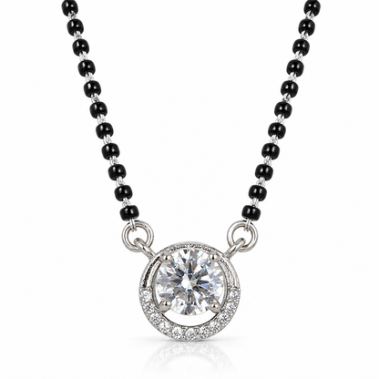 925 Sterling Silver CZ Mangalsutra Necklace Black Beaded Round Halo Pendant