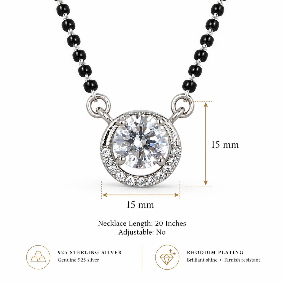 925 Sterling Silver CZ Mangalsutra Necklace Black Beaded Round Halo Pendant