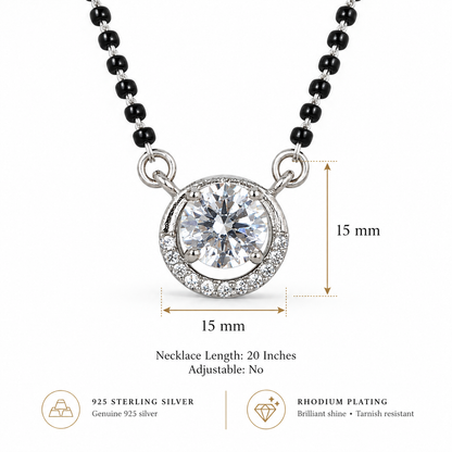 925 Sterling Silver CZ Mangalsutra Necklace Black Beaded Round Halo Pendant
