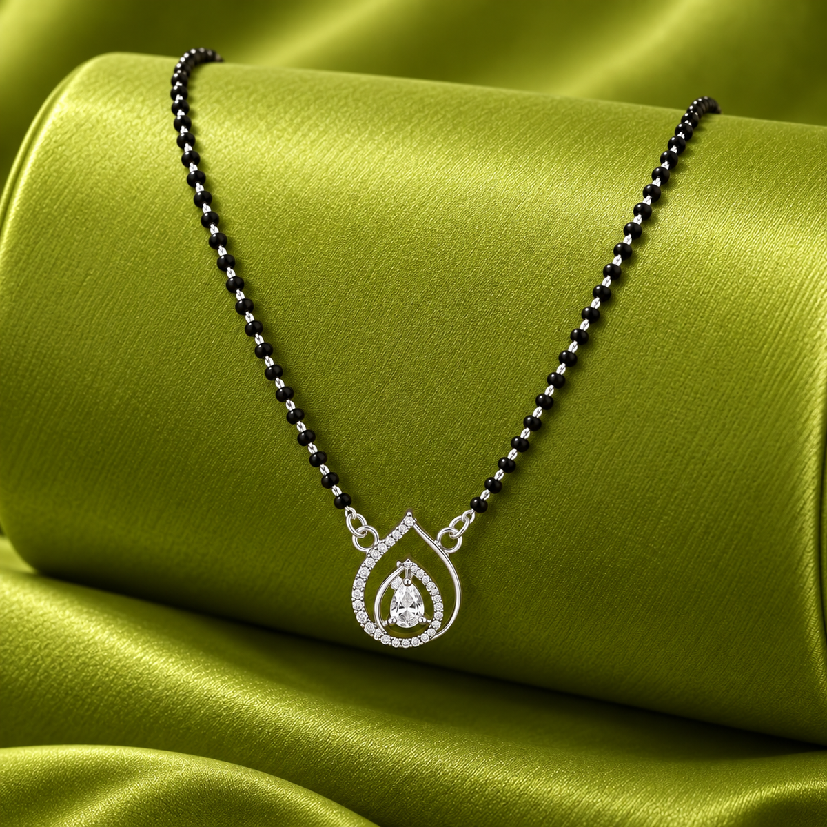 925 Sterling Silver CZ Teardrop Mangalsutra Necklace Elegant Black Bead Pendant