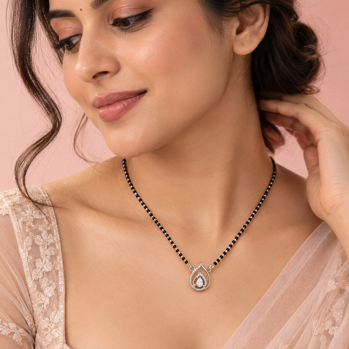925 Sterling Silver CZ Teardrop Mangalsutra Necklace Elegant Black Bead Pendant