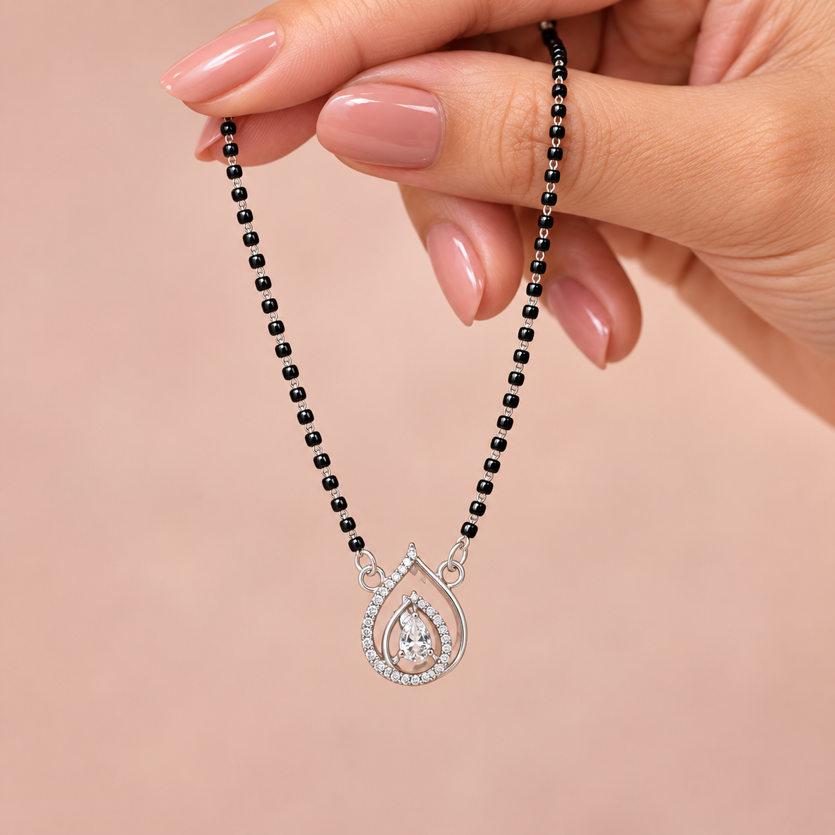 925 Sterling Silver CZ Teardrop Mangalsutra Necklace Elegant Black Bead Pendant
