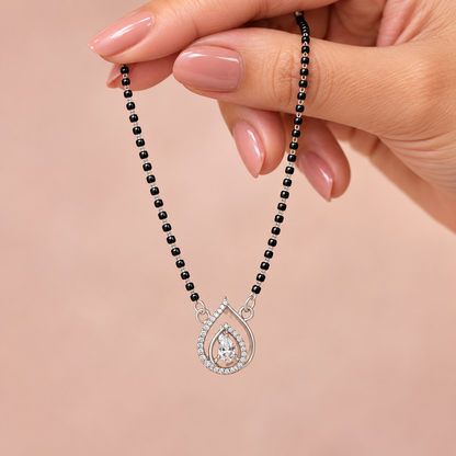 925 Sterling Silver CZ Teardrop Mangalsutra Necklace Elegant Black Bead Pendant