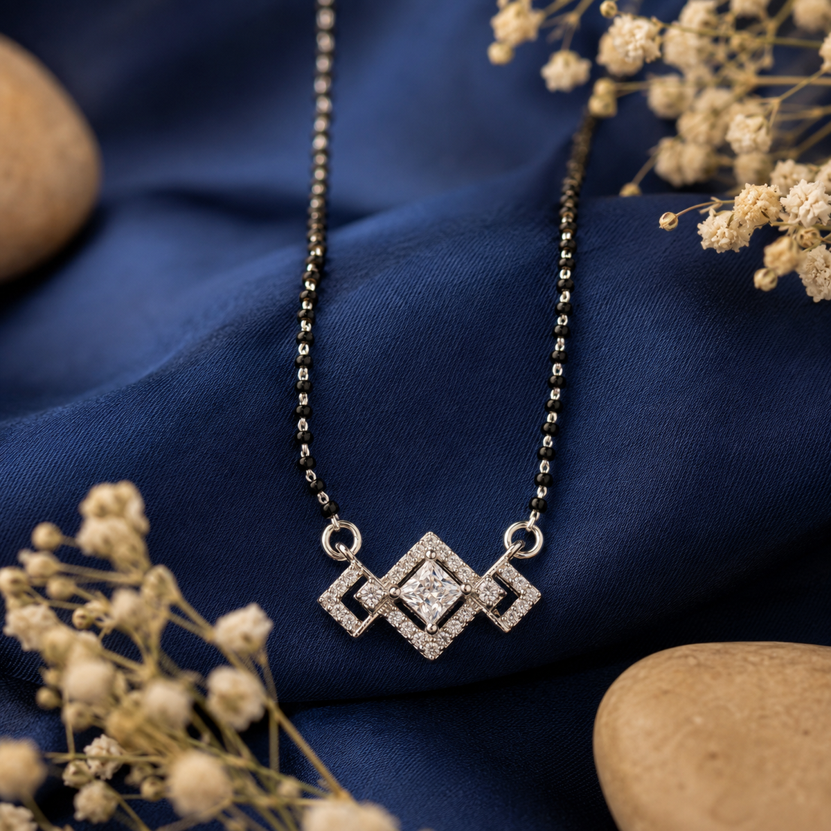 925 Sterling Silver Geometric Diamond-Cut CZ Mangalsutra Necklace