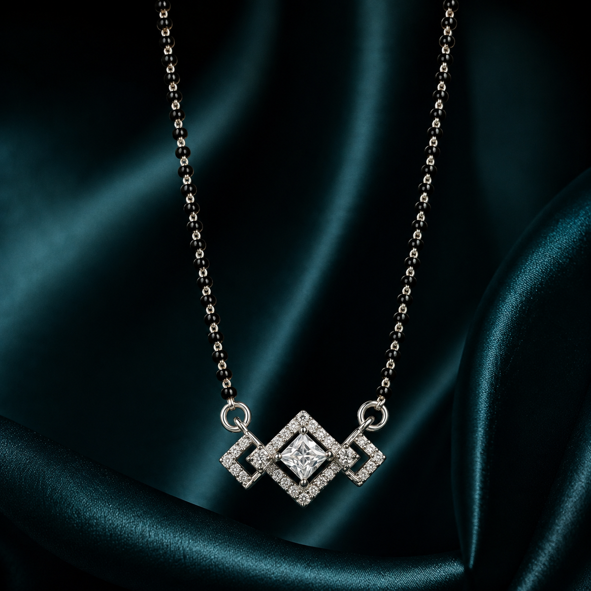 925 Sterling Silver Geometric Diamond-Cut CZ Mangalsutra Necklace