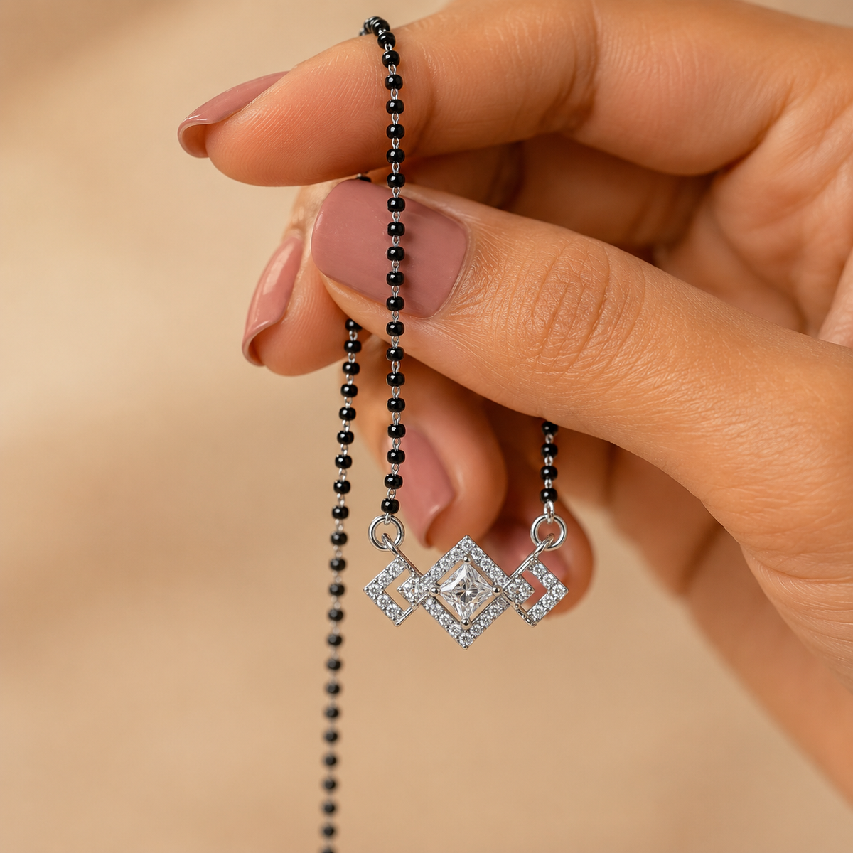 925 Sterling Silver Geometric Diamond-Cut CZ Mangalsutra Necklace