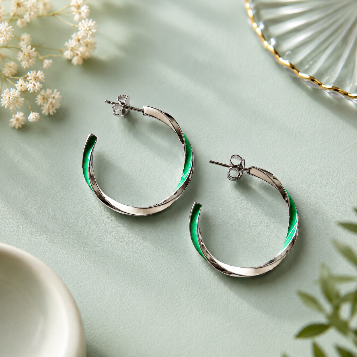 925 Sterling Silver Green Enamel Hoop Earrings for Women | Minimalist Lightweight Everyday Hoops