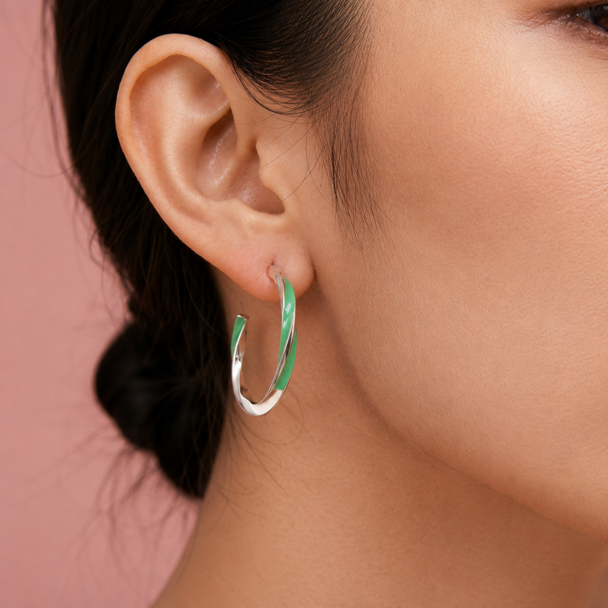 925 Sterling Silver Green Enamel Hoop Earrings for Women | Minimalist Lightweight Everyday Hoops