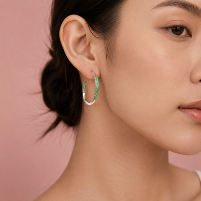925 Sterling Silver Green Enamel Hoop Earrings for Women | Minimalist Lightweight Everyday Hoops