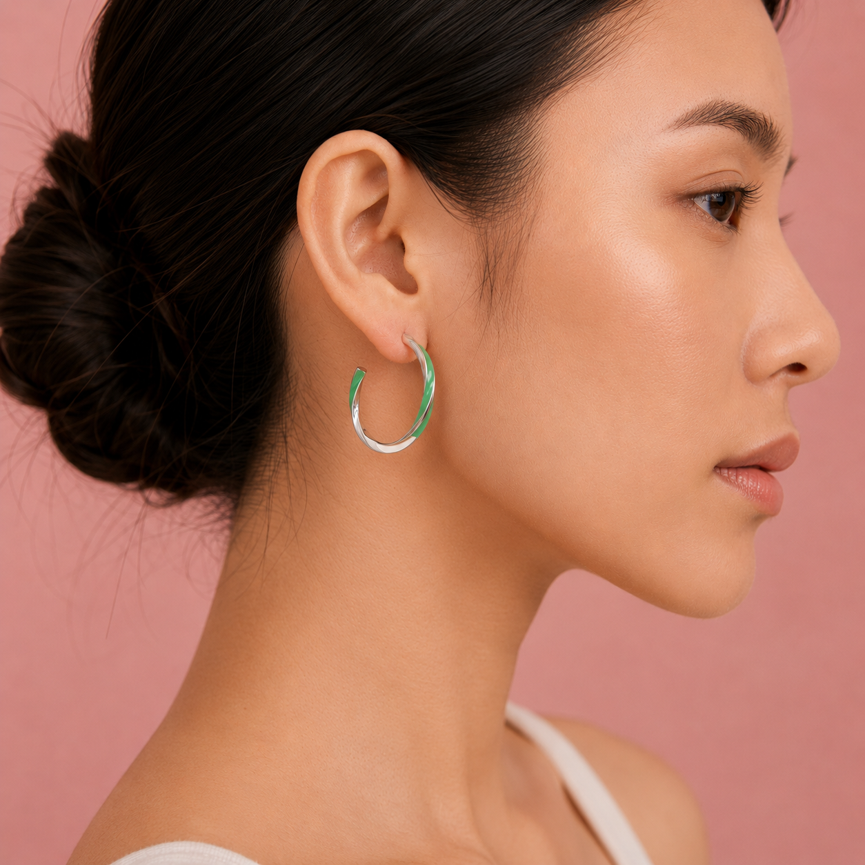 925 Sterling Silver Green Enamel Hoop Earrings for Women | Minimalist Lightweight Everyday Hoops