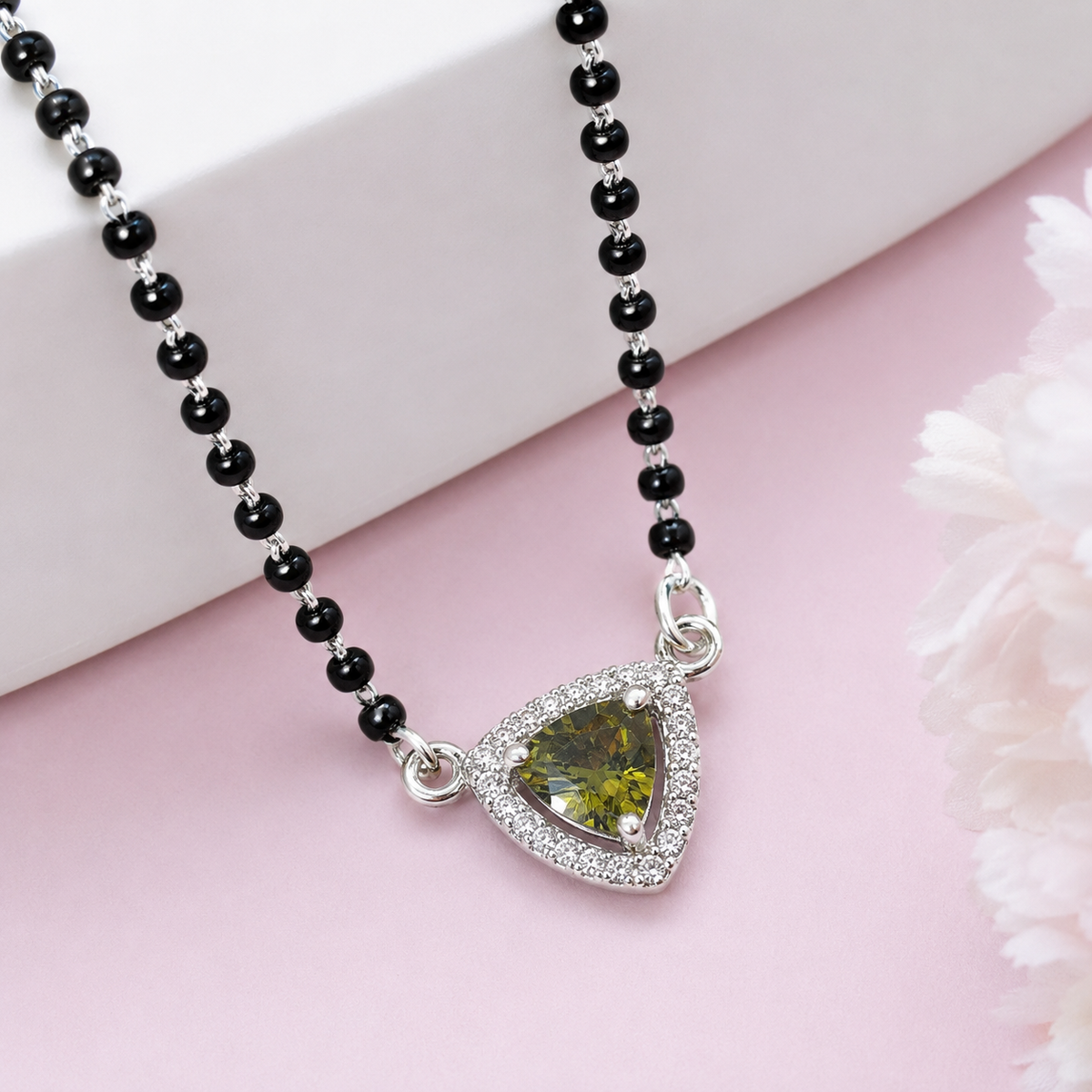 925 Sterling Silver Green Gemstone Mangalsutra Necklace CZ Halo Pendant
