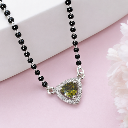 925 Sterling Silver Green Gemstone Mangalsutra Necklace CZ Halo Pendant