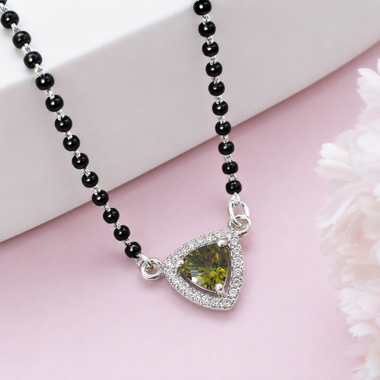 925 Sterling Silver Green Gemstone Mangalsutra Necklace CZ Halo Pendant