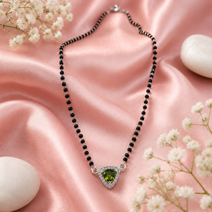 925 Sterling Silver Green Gemstone Mangalsutra Necklace CZ Halo Pendant