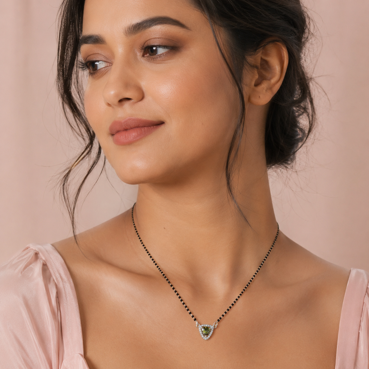 925 Sterling Silver Green Gemstone Mangalsutra Necklace CZ Halo Pendant