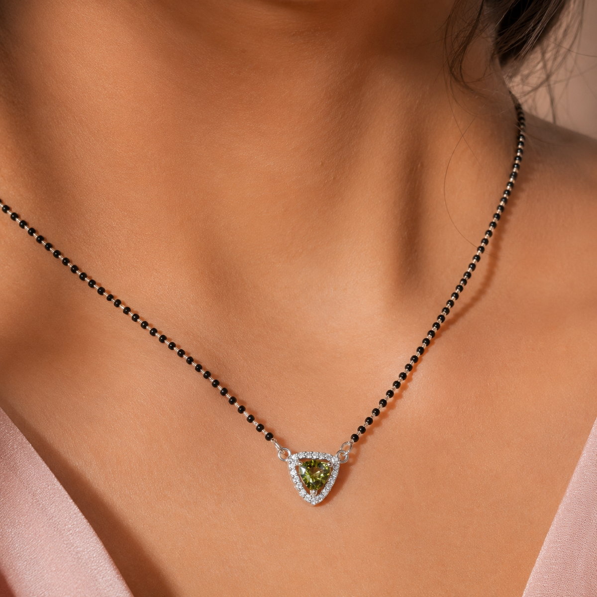 925 Sterling Silver Green Gemstone Mangalsutra Necklace CZ Halo Pendant