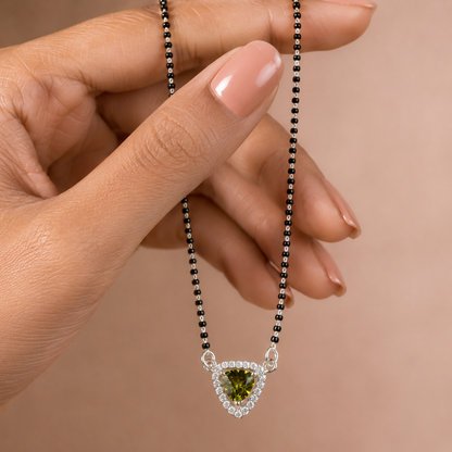 925 Sterling Silver Green Gemstone Mangalsutra Necklace CZ Halo Pendant