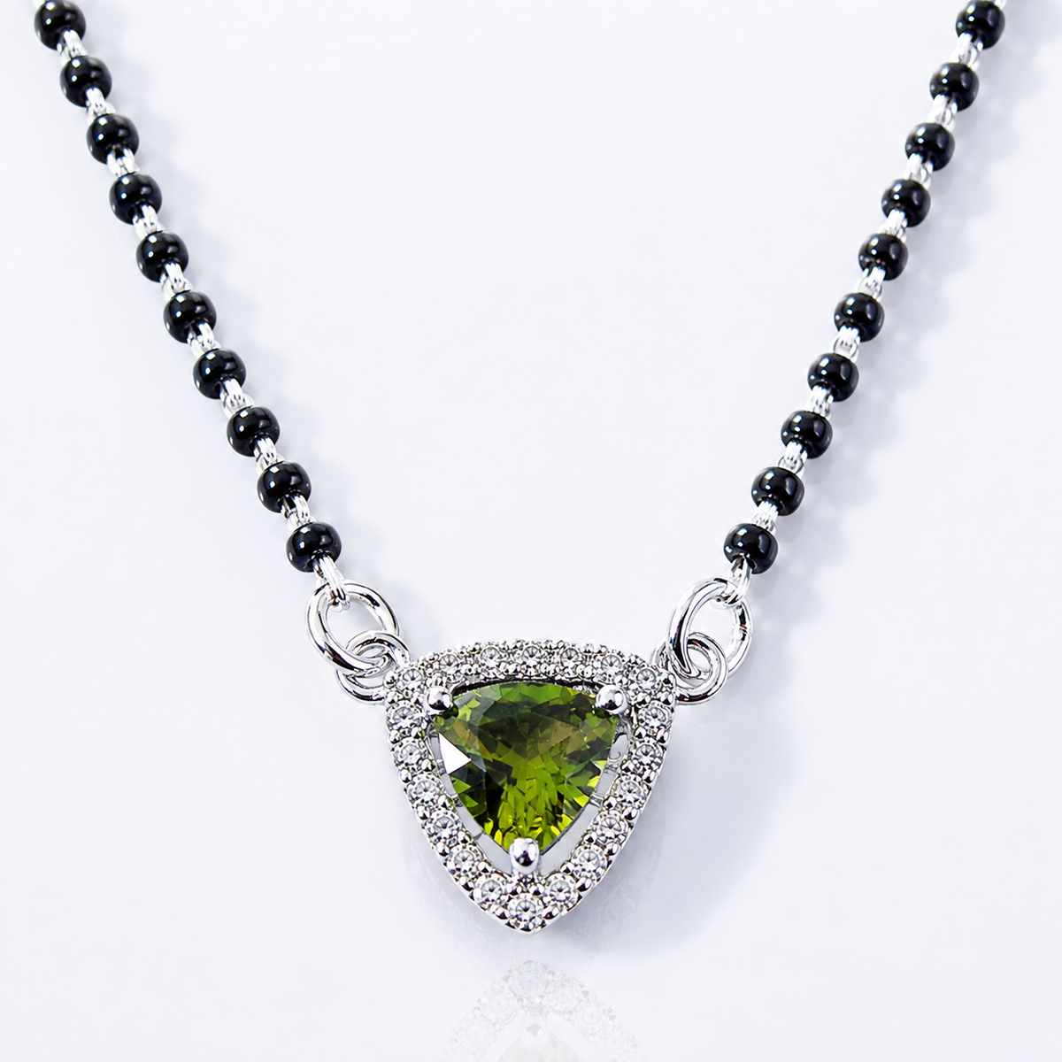 925 Sterling Silver Green Gemstone Mangalsutra Necklace CZ Halo Pendant