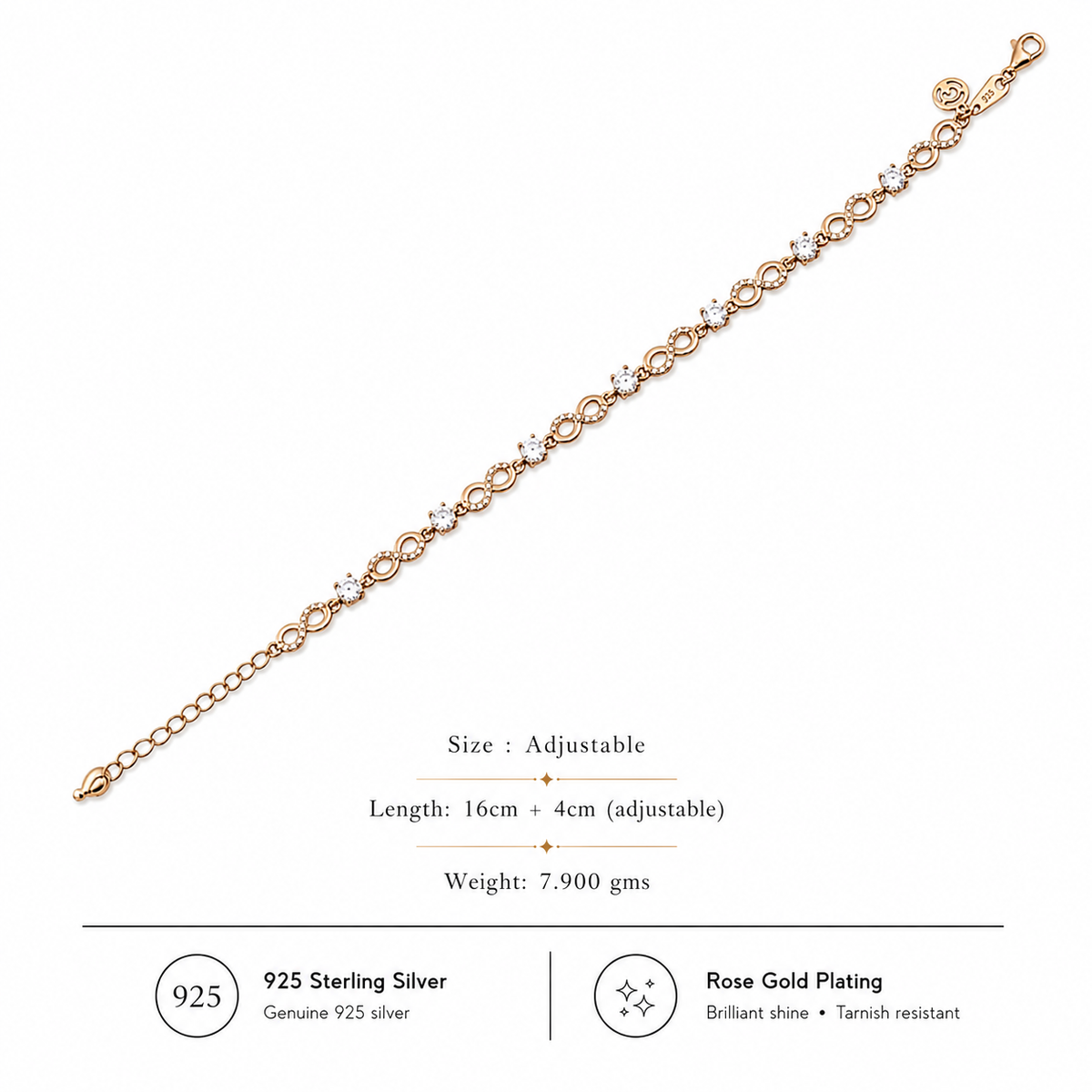 925 Sterling Silver Infinity Bracelet with CZ Stones | Silver & Rose Gold Plated Jewellery