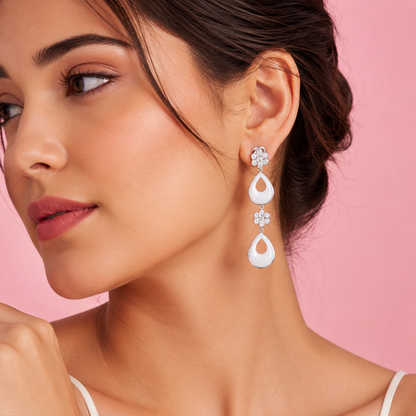 925 Sterling Silver Long Drop Earrings with White Ceramic & Cubic Zirconia | Elegant Floral Dangle Earrings for Women