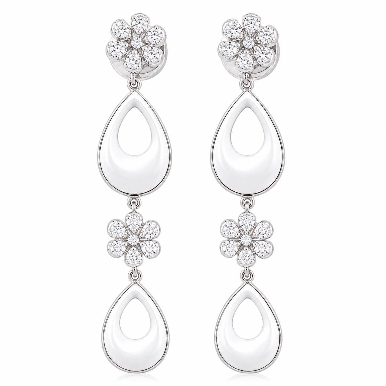 925 Sterling Silver Long Drop Earrings with White Ceramic & Cubic Zirconia | Elegant Floral Dangle Earrings for Women