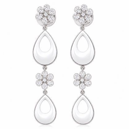 925 Sterling Silver Long Drop Earrings with White Ceramic & Cubic Zirconia | Elegant Floral Dangle Earrings for Women