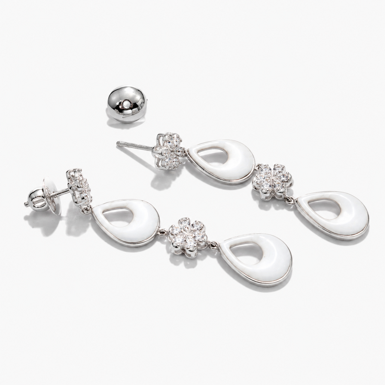 925 Sterling Silver Long Drop Earrings with White Ceramic & Cubic Zirconia | Elegant Floral Dangle Earrings for Women