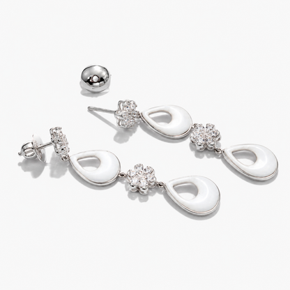 925 Sterling Silver Long Drop Earrings with White Ceramic & Cubic Zirconia | Elegant Floral Dangle Earrings for Women