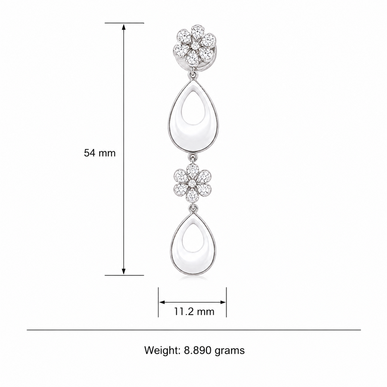 925 Sterling Silver Long Drop Earrings with White Ceramic & Cubic Zirconia | Elegant Floral Dangle Earrings for Women