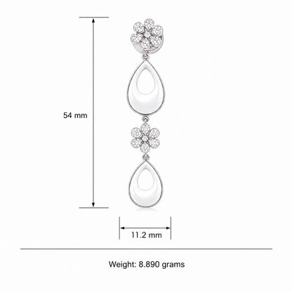 925 Sterling Silver Long Drop Earrings with White Ceramic & Cubic Zirconia | Elegant Floral Dangle Earrings for Women