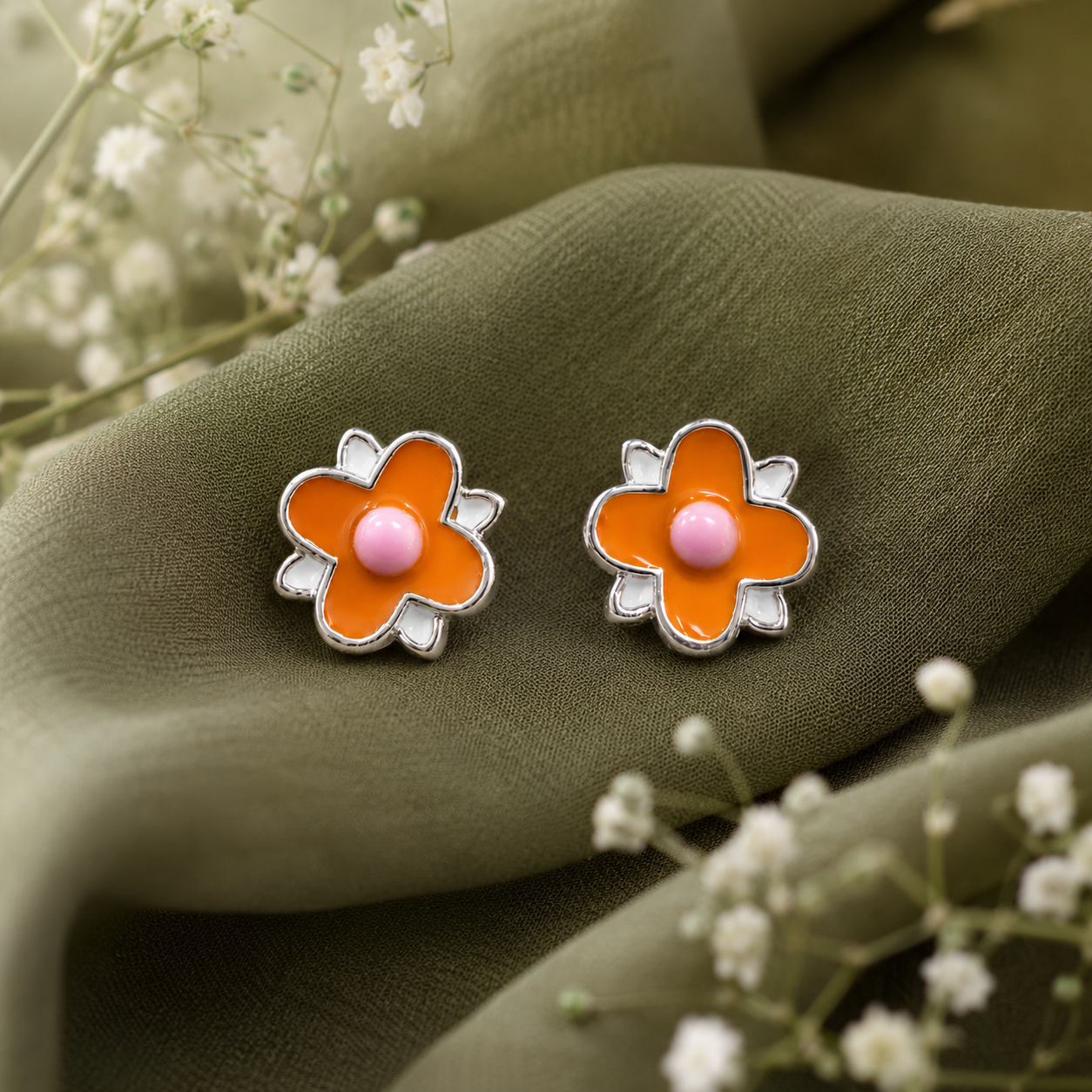 925 Sterling Silver Orange Daisy Flower Stud Earrings for Women | Enamel Floral Earrings