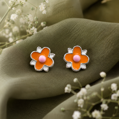 925 Sterling Silver Orange Daisy Flower Stud Earrings for Women | Enamel Floral Earrings