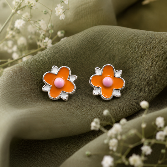 925 Sterling Silver Orange Daisy Flower Stud Earrings for Women | Enamel Floral Earrings