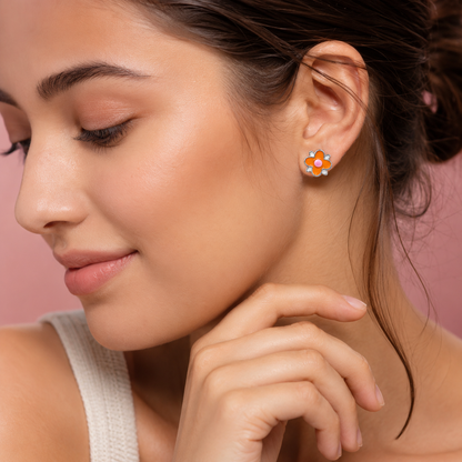 925 Sterling Silver Orange Daisy Flower Stud Earrings for Women | Enamel Floral Earrings