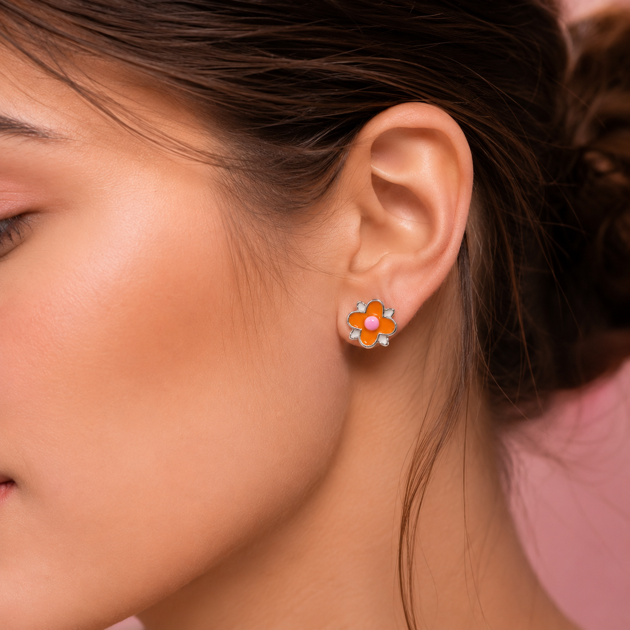 925 Sterling Silver Orange Daisy Flower Stud Earrings for Women | Enamel Floral Earrings