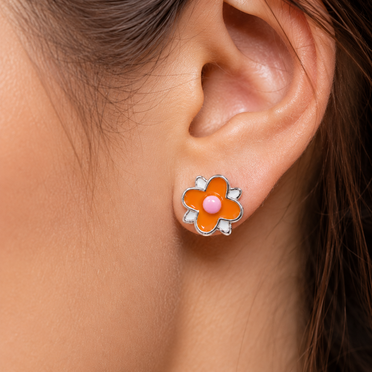 925 Sterling Silver Orange Daisy Flower Stud Earrings for Women | Enamel Floral Earrings