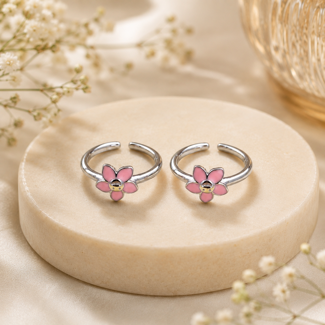925 Sterling Silver Pink Enamel Flower Adjustable Toe Rings for Women