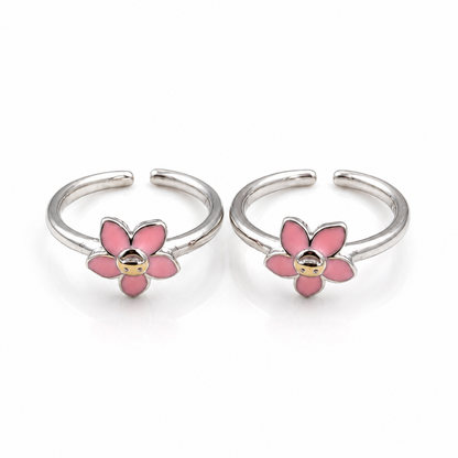 925 Sterling Silver Pink Enamel Flower Adjustable Toe Rings for Women