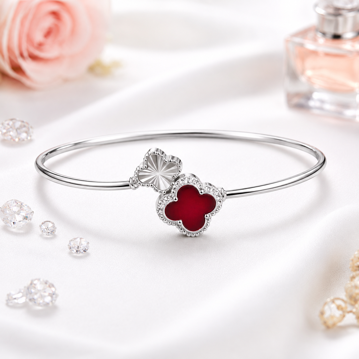 925 Sterling Silver Red Enamel Clover Open Bangle for Women | Adjustable CZ Luxury Kada Bracelet