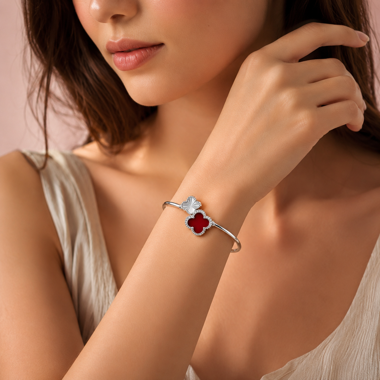 925 Sterling Silver Red Enamel Clover Open Bangle for Women | Adjustable CZ Luxury Kada Bracelet