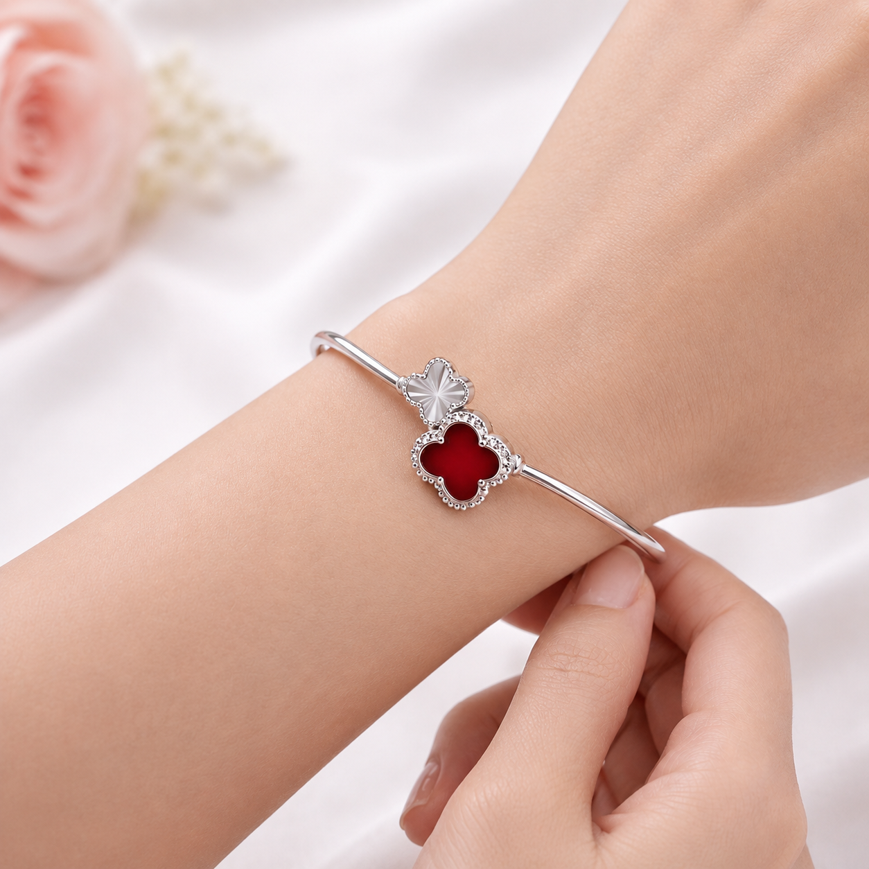 925 Sterling Silver Red Enamel Clover Open Bangle for Women | Adjustable CZ Luxury Kada Bracelet