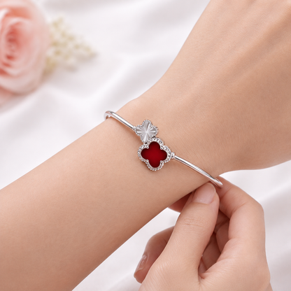 925 Sterling Silver Red Enamel Clover Open Bangle for Women | Adjustable CZ Luxury Kada Bracelet